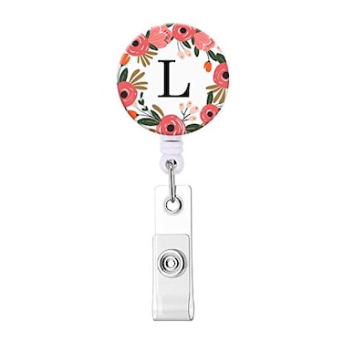 HEVITDA Badge Reel Retractable ID Card Badge Holder with Alligator Clip Name Nurse Decorative Badge Reel Clip on Card Holders Floral Wreath Letter L