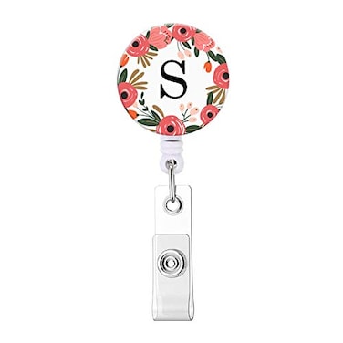 HEVITDA Badge Reel Retractable ID Card Badge Holder with Alligator Clip Name Nurse Decorative Badge Reel Clip on Card Holders Floral Wreath Letter S