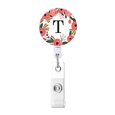 HEVITDA Badge Reel Retractable ID Card Badge Holder with Alligator Clip Name Nurse Decorative Badge Reel Clip on Card Holders Floral Wreath Letter T