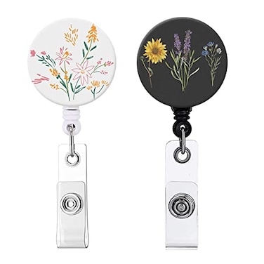 COUKASO Badge Reel Retractable Nurse Badge Holder Cute Name Decorative Badge Reels with Clip on ID Card Holders 2 Pack Wild Blooms