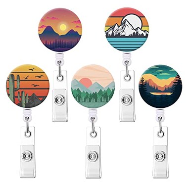 COUKASO Badge Reel Retractable Nurse Badge Holder Cute Name Decorative Badge Reels with Clip on ID Card Holders 5 Pack Mountain Sky Sun