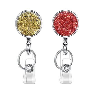 Boutilon Retractable Badge Holder Retractable Badge ReelsLightweight Plastic Badge Reel Card Holder with Key Ring Backing Belt Clip for NurseVolunteerTeacherStudent2 Pack Golden Red
