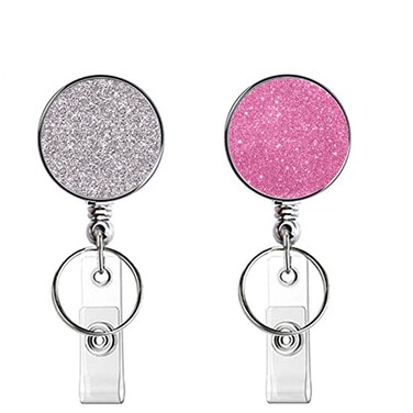 Boutilon Retractable Badge Holder Retractable Badge ReelsLightweight Plastic Badge Reel Card Holder with Key Ring Backing Belt Clip for NurseVolunteerTeacherStudentGlitter Pink Silver 2pack