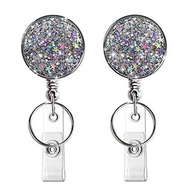 Boutilon Retractable Badge Holder Retractable Badge ReelsLightweight Plastic Badge Reel Card Holder with Key Ring Backing Belt Clip for NurseVolunteerTeacherStudentGlitter Silver 2pack