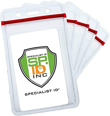 Specialist ID Bulk 100 Pack Heavy Duty Clear Vinyl Badge Holders for Vertical Name Badges Great for Employee or Student ID Card Water Resistant Sleeves w Red Resealable Top for Multiple Cards by