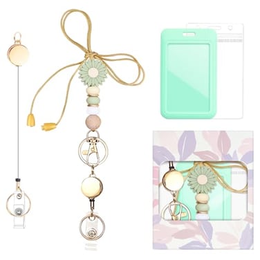 Quprofa Colorful ID Badge Holder with Silicone Beads Lanyard SetCute Teacher Breakaway Lanyard for Keys Keychain with Cute Retractable Badge Reel HolderGift for WomenNurse Teacher Green Daisy