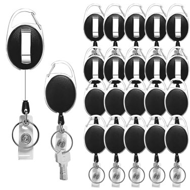 Diateklity 20 Pack Retractable Badge Holder with Carabiner Reel Clip Badge Reel Bulk ID Card Key Holder with Ring Sturdy Black Key Chain Extender for Office Work Employee