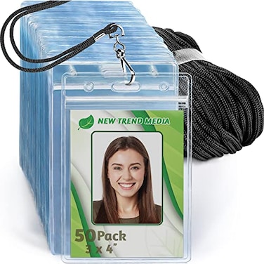 EcoEarth 3x4 Vertical ID Badge Holder with Lanyard Premium 50 PK Black Bulk Name Badge Holder and Lanyards Set Clear Card Identification Tag Set