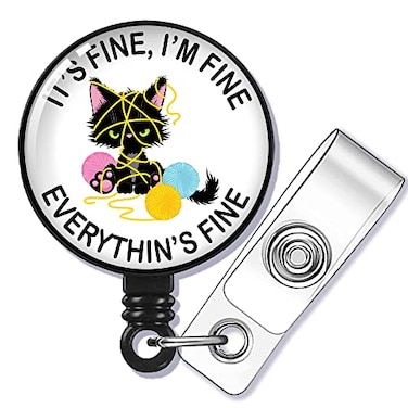 GEYGIE Its Fine Im Fine Everything s Fine Badge Reel Retractable with Alligator Clip Funny Black Cat ID Badge Holder Gift for Firefighters Office Worker Boss Nurse Doctor Teachers Cat Lovers