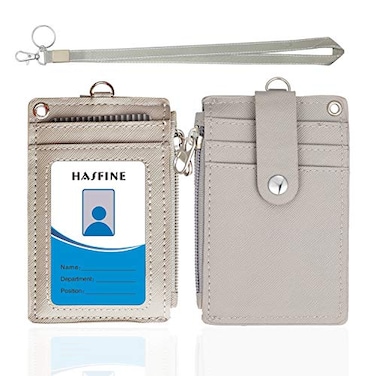 HASFINE ID Badge Holder with Lanyard2 Sided 5 Card Slots ID Card Holder Wallet with PU Leather Zipper Pocket and Detachable Keychain Lanyard for Teens Men WomenGray