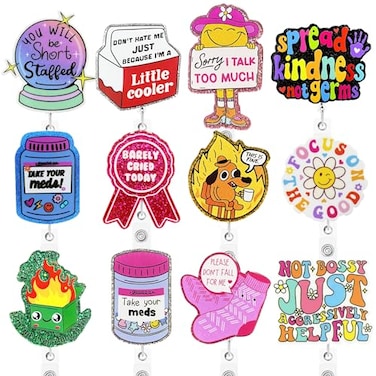 Hotlea 12 PCS Funny Badge Reels Bulk Cute Nurse Badge Holders Retractable Id Clip Colorful Nursing Medical Asssitants RN LPN CNA Buddy Accessories for Work