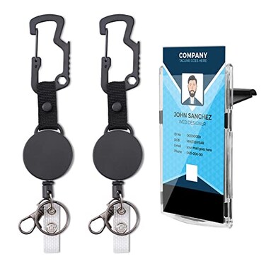 Coinarin ID Badge Holder Retractable Clip Heavy Duty Carabiner Badge Reels Retractable Lanyard Keychain with Tactical Work Cards Holder Key Ring and Lobster Claw Clasp