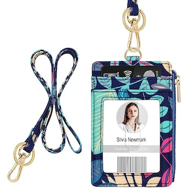 Azrra ID Badge Holder with Lanyard Vertical Flower ID Badge Card Holder with 1 Clear ID Window 4 Credit Card Slots and a Detachable Neck Lanyard Floral Pattern 3