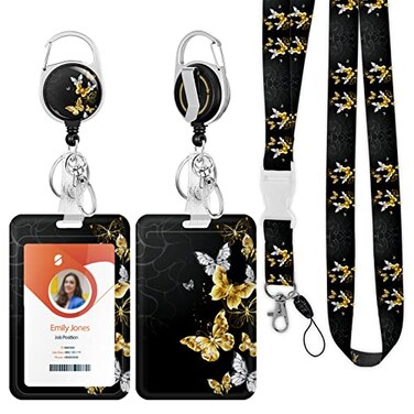 Boutilon ID Badge Holder with LanyardRetractable ID Badge Card Holders Detachable Neck Lanyard Strap with Badge Reel and Vertical ID Holder for Nurse Students Teachers Office StaffButterfly