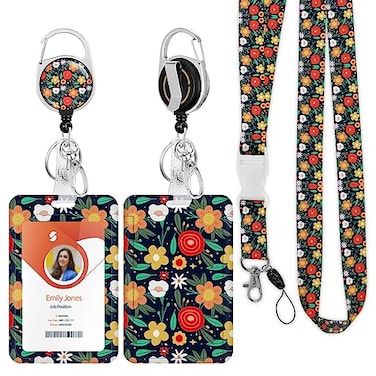 Boutilon ID Badge Holder with LanyardRetractable ID Badge Card Holders Detachable Neck Lanyard Strap with Badge Reel and Vertical ID Holder for Nurse Students Teachers Office StaffFlower Orange