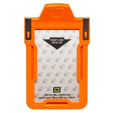 ID Stronghold Identity Stronghold Secure RFID Badge Holder for 1 Card Heavy Duty Hard Plastic ID Badge Holder USA Molded and Assembled FIPS 201 Approved RFID Blocking Security Orange