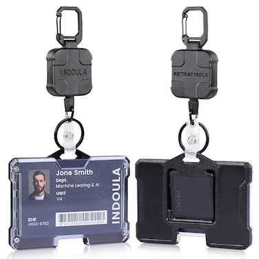 Indoula INDOULA Retractable Horizontal Badge HolderLarge ID Card Holder with 315 Retractable Reel and 4 Cards Slot1 PackBlack
