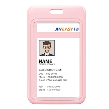JINEASY ID 2 Pack Work ID Badge Holder Hard Plastic Vertical ID Badge Protector Pink