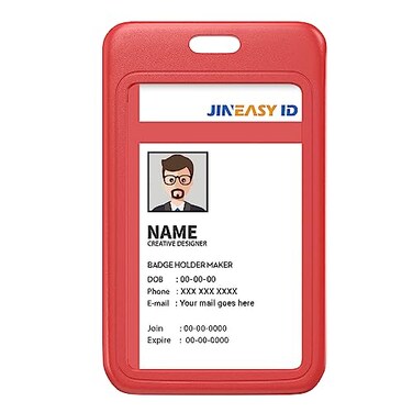 JINEASY ID Hard Plastic Vertical Badge Holders Heavy Duty ID Badge Protector Red 2 Pack