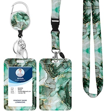 LONNAONE Lanyard with Badge HolderRetractable Badge Reel with Detachable Neck Lanyard Strap and Vertical ID Holder for Nurse Doctor Students Office Staff Jade Golden Marble