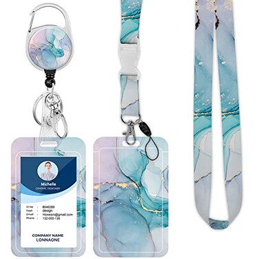 LONNAONE Lanyard with Badge HolderRetractable Badge Reel with Detachable Neck Lanyard Strap and Vertical ID Holder for Nurse Doctor Students Office Staff Lanyard Abstract Cyan Marble