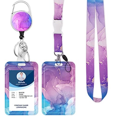 LONNAONE Lanyard with Badge HolderRetractable Badge Reel with Detachable Neck Lanyard Strap and Vertical ID Holder for Nurse Doctor Students Office Staff Lanyard Blue Purple Marble