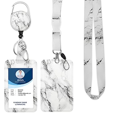 LONNAONE Lanyard with Badge HolderRetractable Badge Reel with Detachable Neck Lanyard Strap and Vertical ID Holder for Nurse Doctor Students Office Staff Lanyard Classcial White Marble