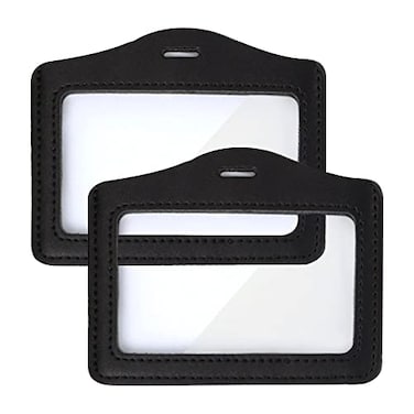 Larpur Pack of 2 ID Badge Holders Horizontal Leather Card Case with Clear ID Window Black Double Sided Clear Work Badge Holder for Office Hospital Exhibition School