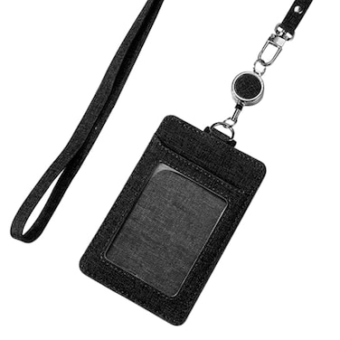 Larpur Retractable ID Badge Holder Vertical PU Leather ID Card Holder Detachable Neck Lanyard with 1 Clear Window 2 Card Slots Suit for Teachers Students Doctors Nurses Office Employees Black