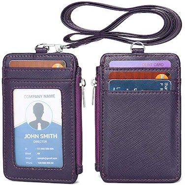 Leamekor ID Badge Holder with Neck Lanyard PU Leather ID Badge Wallet Case with 1 ID Window 4 Card Slots 1 Side Zipper Pocket