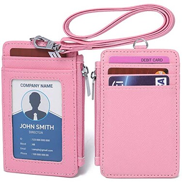 Leamekor ID Badge Holder with Neck Lanyard PU Leather ID Badge Wallet Case with 1 ID Window 4 Card Slots 1 Side Zipper Pocket Pink