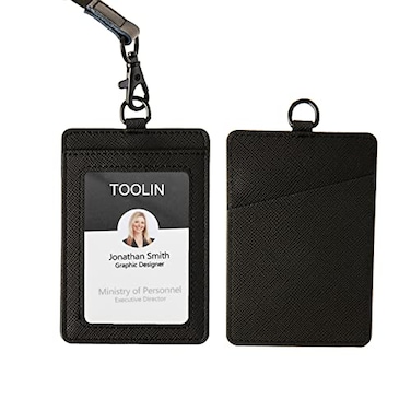 TOOLIN Leather ID Badge HolderSlim Minimalist Elastic Credit Card Holder Vertical Credit Card Holder for Men Women with Neck Lanyard BlackA