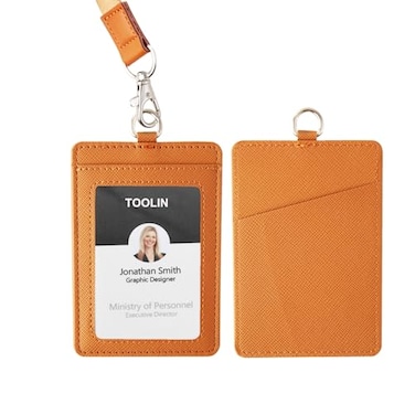 TOOLIN Leather ID Badge HolderSlim Minimalist Elastic Credit Card Holder Vertical Credit Card Holder for Men Women with Neck Lanyard BrownA