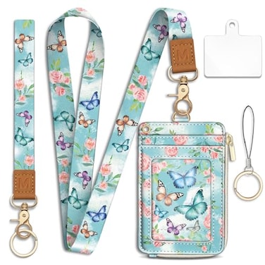 Mavellin Lanyard Wallet with Id Badge Holder Butterfly RFID Small Keychain Wallet Women Wristlet Cute Zipper Credit Card Holder Phone Wrist Neck Strap for Key Name Tag Teacher Student Office Gifts