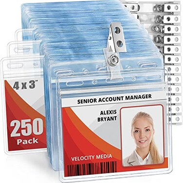 MIFFLIN MifflinUSA Horizontal Card Protector with Metal Clip and Vinyl Straps Clear 4x3 Inch 250 Pack Waterproof PVC ID Name Badge Holder with Clip