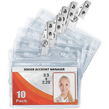 MIFFLIN MifflinUSA Horizontal Plastic Card Holder with Metal Clip and Vinyl Straps Clear 35x225 Inch 10 Pack Waterproof PVC ID Name Badge Holder with Clip
