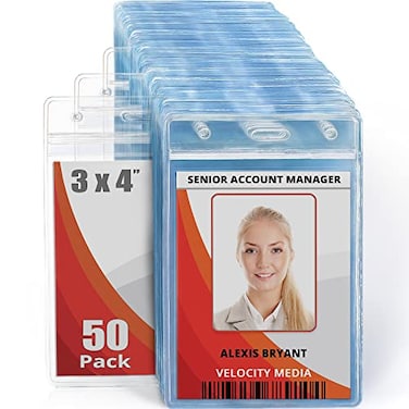 MIFFLIN MifflinUSA Large L Vertical ID Badge Holders Clear 3x4 inch 50 Pack Plastic Nametag Covers with Zipper Name Tag Holder