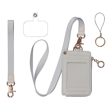MONDO DESIGNS 2in1 ID Badge Holder Lanyard Wallet MultiUse Womens Small Wallet with Removable Wristlet Neck Lanyard Clear Window 5 Card Slots Phone Holder Ring Keychain Off White