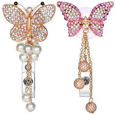 Artscope Nurse Retractable Badge Reel Bling Badge Reel Clip Crystal ID Name Badge Holder with 360 Swivel Alligator Clip Diamond Butterfly