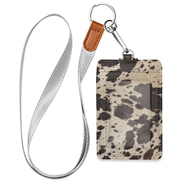 OTVEE Badge Holder PU Leather ID Card Case Wallet with Neck Lanyard and Key Ring Cow Skin