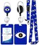 Plifal ID Badge Holder with Lanyard and Retractable Badge Reel Belt Clip Unique Trendy Evil Eye Keychain Lanyards Clip On Badge Extender Vertical ID Sleeve for Women MenBlue