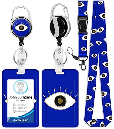 Plifal ID Badge Holder with Lanyard and Retractable Badge Reel Belt Clip Unique Trendy Evil Eye Keychain Lanyards Clip On Badge Extender Vertical ID Sleeve for Women MenBlue
