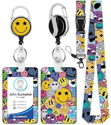 Plifal ID Badge Holder with Lanyard and Retractable Badge Reel Belt ClipCute Smile Smiling Face Keychain Lanyards Clip on Badge Extender Vertical ID Sleeve for Women Colorful