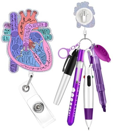 Plifal Nurse Pen Set Badge Reel Holder Accessories Clip Retractable Mini Nursing Ball Pen Permanent Marker Highlighter Light Penlight Small Flashlight Work Student Office Hospital Heart