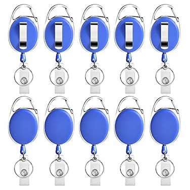 moeverEX Retractable Badge Holder with Carabiner Reel Clip and Key Ring for ID Card Key Keychain Holders Blue 10 Pieces