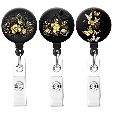BOTRINUO Retractable Badge Reel Clip Badge Holder with Alligator Clip Cute Badge Clip on ID Name Card Holders for Nurse Doctor and Office 3Pack Golden Floral