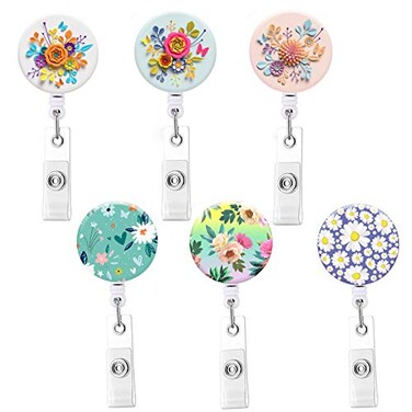 Anffilona Retractable ID Badge Holder Nurse Badge Reels with Clip Name Card Holders for Office Worker Doctor Nurse 6 Pack Colorful Flower B