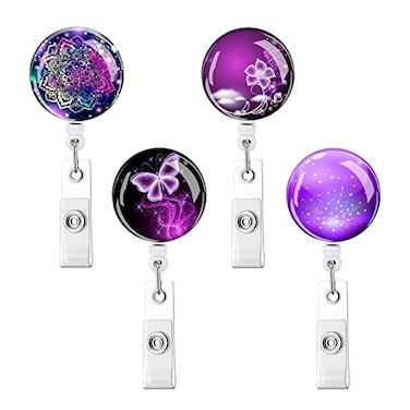 Anffilona Retractable ID Badge HolderNurse Badge Reels with ClipName Card Holders for Office Worker Doctor Nurse 4 Pack Purple Series