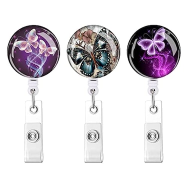 Anffilona Retractable ID Badge HolderNurse Badge Reels with ClipName Card Holders for Office Worker Doctor Nurse3 Pack Butterfly