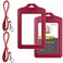 Teskyer 2 Pack Double Sided Clear Badge Holder with Lanyard PU Leather ID Badge Name Card Holder with Stainless Steel JHook Nylon Lanyard for Work School Metro Access Wine Red